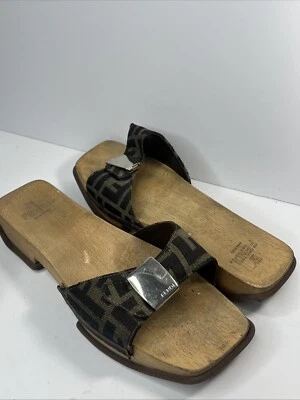 Womens Vintage FENDI AUTHENTIC Canvas Wooden Sandals Size 9 - Eu 40 - Image 1 of 4
