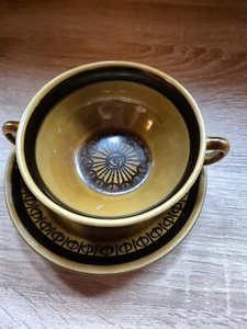 Keramik Suppentasse mit Unterteller 70er JAHRE DDR ? grün /braun gebr ab 1,-€ - Bild 1 von 5