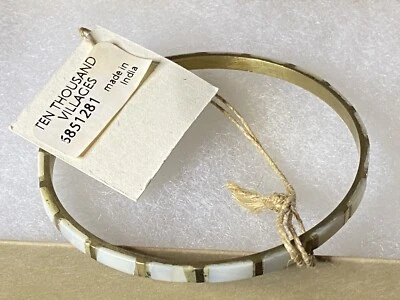 Stackable Bangle Bracelet Brass Mother Of Pearl Inlay Gold Tone New Artisan - Image 1 of 4