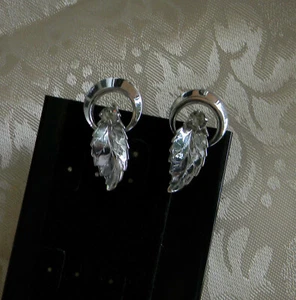 Alice Calviness signierte Schraubverschluss Smokey Strass Blatt Vintage Ohrringe Silber - Bild 1 von 6