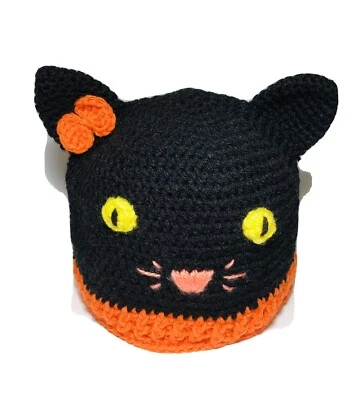 "Nuevo sombrero de gato negro de Halloween de ganchillo hecho a mano, circunferencia de cabeza 20"" altura 8,5""" Foto 1 de 4