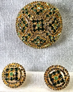 Vintage Vendome Brosche Ohrringe Set signiert Smaragd Peridot Rauchquarz Strass - Bild 1 von 22