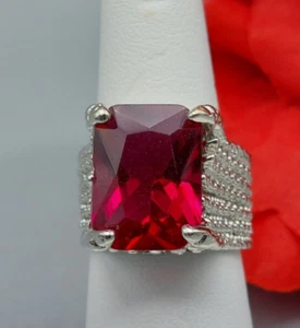 Schöner silberfarbener Cocktail Ring groß rot facettiert Strass Krappen 6,5" - Bild 1 von 6