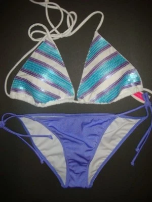 Victoria's Secret triangle L/XS BIKINI white BLUE purple SEQUIN stripe MERMAID - Image 1 of 3