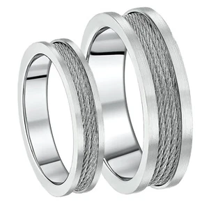 His & Hers Titanium Ring Steel Cable Wedding Bands 5&7mm Rings - Picture 1 of 3