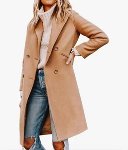 Women’s Notched Lapel Collar Pea Coat Size M Camel - Picture 1 of 9