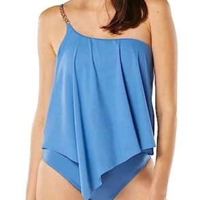 Michael Kors Solids Logo Chain One Shoulder Tankini Oberteil Blau Damen Gr. M - Bild 1 von 9