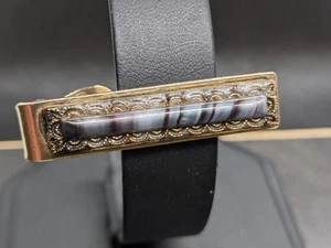 Vintage Mid Century Banded Agate & Gold Tone Tie Clip With Filigree (A-3) - Picture 1 of 8
