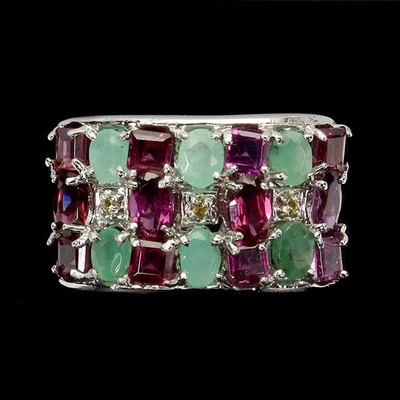 925 Sterling Silver Ring Oval Emerald Rhodolite Sapphire Gemstone Jewelry - Image 1 of 4