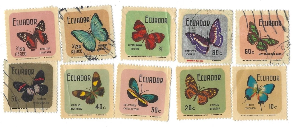 Mariposas Ecuador 1970 - Juego de 10 - 5 canceladas restantes retiradas de bisagras Foto 1 de 1