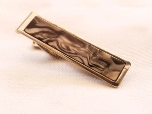 Vintage Tie Clasp/ Clip Short Bar Silver Tone Metal Rectangle Marbled Inlay 1.5" - Picture 1 of 6