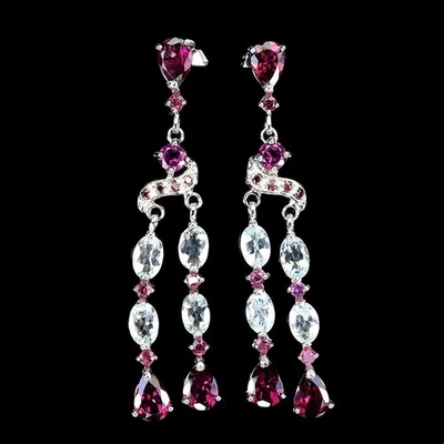 Orecchini in argento sterling 925 pera rodolite granato acquamarina gemma - Immagine 1 di 4