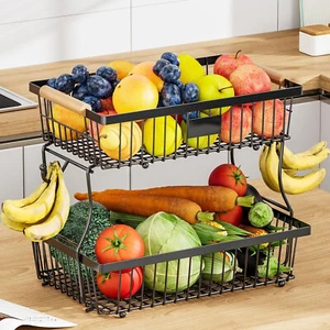 2-Layer Fruit And Vegetable Basket With 2 Hooks Wire Storage Basket Removable | - Picture 1 of 10