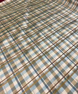 Beautiful blue and beige plaid, jacquard silk shantung fabric, Sold by the yard. - Picture 1 of 9
