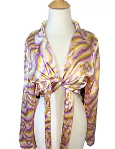 Rue21 Purple Pink Gold Crop Top Womens Size L - Long Sleeve Tie Front - Picture 1 of 7