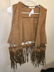 Hint Of Mint Vest Fringe Tan Camel Faux Suede Western Boho Bikercore - Picture 1 of 7