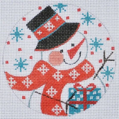 Needlepoint Handpainted Christmas Danji Snowman with Present 4" - Image 1 of 4
