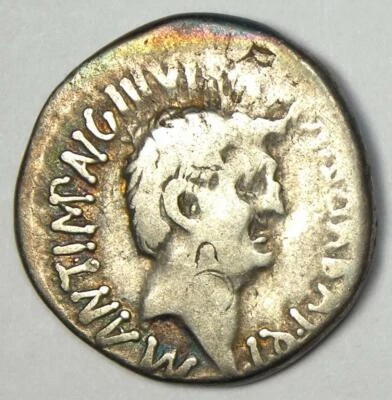 Roman Marc Antony and Octavian AR Denarius Coin 41 BC - Fine / VF - Rainbow Tone - Image 1 of 4