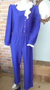 Vtg Jumpsuit Purple w/ white Ruffled Collar Long Sleeve 60's -70's sz 14 - Picture 1 of 9