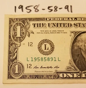 $1 Dual Date 1958 1985 One Dollar Bill Fancy Serial Number 2013 L US BEP - Picture 1 of 4