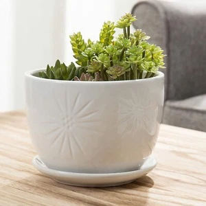 7 Zoll weiß Sunburst Design runder Keramik Blumentopf mit Untertasse & Abflussloch - Bild 1 von 7