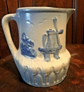 ANTIQUE BLUE & WHITE COUNTRY STONEWARE POTTERY PITCHER WITH WINDMILL - Picture 1 of 8
