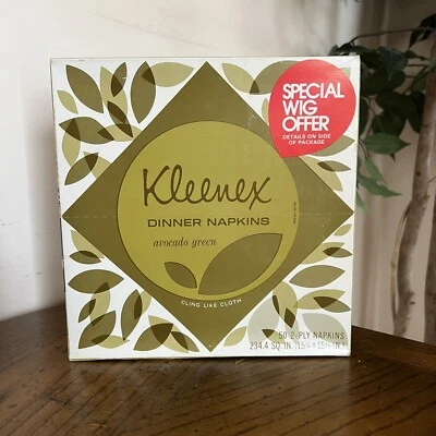 Vintage 60's Kleenex Avocado Green Dinner Napkins Wig Offer Sealed Box New NOS - Image 1 of 4