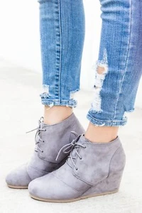New Womens Vegan Suede Denim Lace Up Med Low Wedge Heel Ankle Boot Booties Shoes - Picture 1 of 12