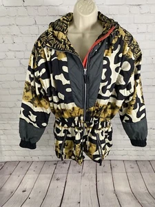 VTG Obermeyer Untamed Black White Yellow Full Zip Hooded Cinched Coat Jacket 12 - Picture 1 of 11