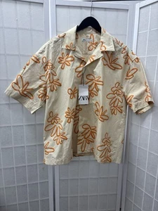ZARA ABSTRACT Orange Embroidered Flower Khaki SHIRT MULTICOLOR size M - Picture 1 of 3