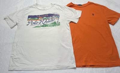 2 Polo Ralph Lauren Crew Neck T-Shirts Boys L 14-16 White Graphic & Solid Orange - Image 1 of 4
