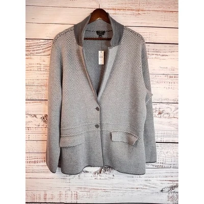 Talbots Plus Size 1X Gray Herringbone 100% Merino Wool Blazer Cardigan Luxe NWT - Image 1 of 4