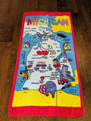 Lake MICHIGAN Souvenir Beach Towel Map Landmarks Travel Vacation Vintage 1990's - Image 1 of 4