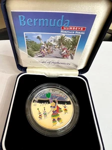 Bermudas Gombey Dancers 2001 caja de monedas coloreadas a prueba de plata esterlina de $5 y certificado de autenticidad - Imagen 1 de 8