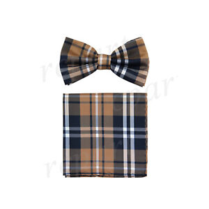 New formal men's pre tied Bow tie & Pocket Square Hankie plaid & checkers brown