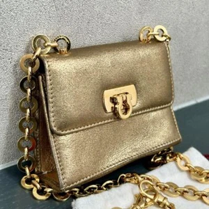 Salvatore Ferragamo Ganchini Mini Chain Shoulder Bag Gold Leather - Picture 1 of 20
