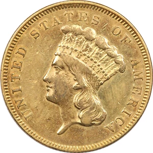 1855 $3 Gold Princess Head Three Dollar, About Uncirculated AU, Lightly Cleaned - Picture 1 of 2