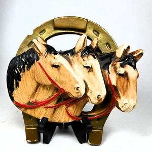 Vintage Chalkware Wall Hanging Three Horse Heads on Horseshoe 3- Dimensional - Picture 1 of 9