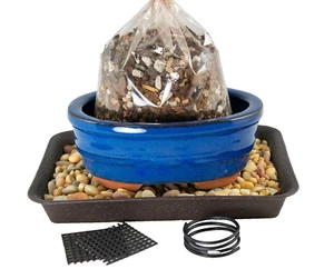 5" Oval Blue Glazed Bonsai, Succulent Pot + Soil + Tray + Rock + Mesh & Wire Kit - Picture 1 of 9