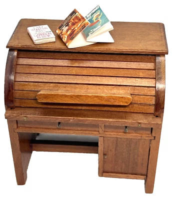1:12 Vintage Wooden Roll Top Desk With Books Dollhouse Miniature Furniture - Image 1 of 4