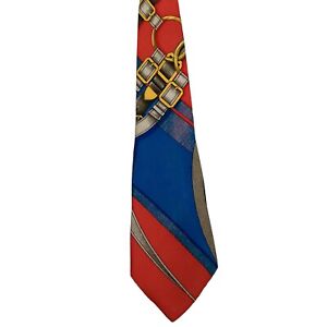 HERMES Scarf Pattern Men's Silk Necktie FRANCE Luxury Geometric Red/Multi GUC