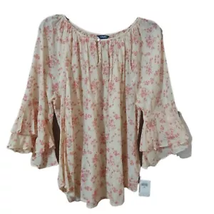 Chaps Women's 2X Crepe Peasant Blouse 3/4 Bell Sleeves Cream Pink Floral NEW - Picture 1 of 6