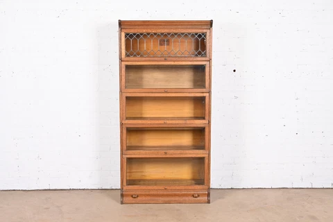 Antique Arts and Crafts Oak Five-Stack Barrister Bookcase With Leaded Glass Cover