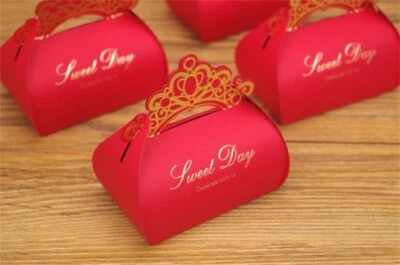 Cajas de dulces cortadas con láser corona roja 25 piezas regalo de boda fiesta bolsas de dulces bebé Foto 1 de 4