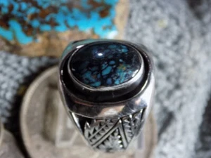 Mens Sterling Silver Hubei Turquoise Ring Navajo Lorenzo James Size 14 1/4 - Picture 1 of 6