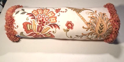 Rose Tree Home Bolster Pillow Fringe Tassle Jacobean Paisley Floral Red Blue - Image 1 of 4