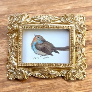 Robin bird miniature art watercolor print in gold vintage style ornate frame - Picture 1 of 5