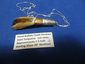 Fossile Büffelzahn Anhänger Türkis Sterlingsilber Halskette 2,5 Zoll 'K' - Bild 1 von 7
