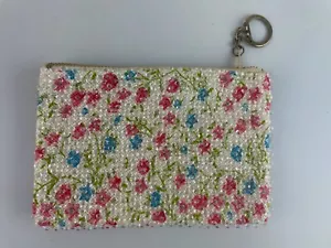 Borsa per monete trucco floreale vintage anni '50 stampata e perline - Foto 1 di 2