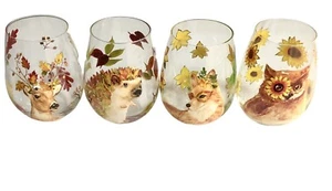 Pier 1 Wine Glasses Goblets Set of 4 Harvest Garden Critters Fox Owl Deer HTF - Picture 1 of 14